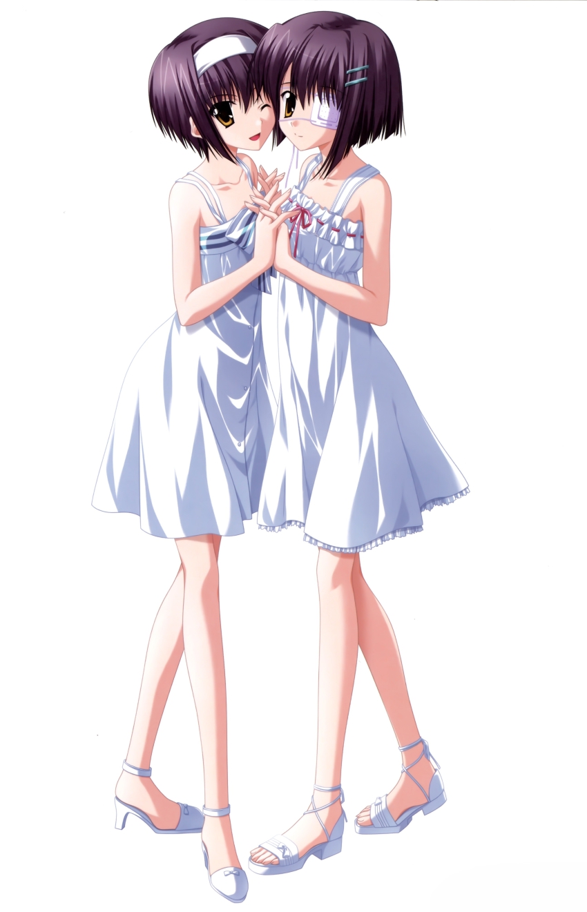 2girls, absurdres, breast_press, breasts, brown_eyes, dress, ef_(visual_novel), eyepatch, hair_ornament, hairband, hairclip, highres, legs, multiple_girls, nanao_naru, non-web_source, one_eye_closed, purple_hair, sandals, shindou_chihiro, shindou_kei_(ef), short_hair, siblings, sisters, small_breasts, sundress, symmetrical_docking, twins, wink