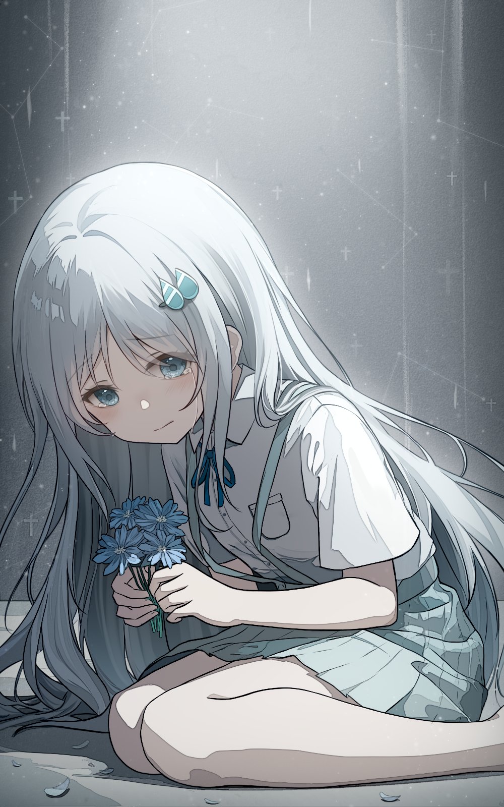 1girl, aqua_skirt, blue_eyes, blue_flower, blue_pupils, blue_ribbon, closed_mouth, collared_shirt, commentary_request, cross, crying, curtained_hair, eyes_visible_through_hair, flower, grey_background, grey_skirt, hair_ornament, hands_up, highres, holding, holding_flower, kakurenbocchi, long_hair, looking_at_flowers, looking_down, messy_hair, neck_ribbon, nore_th, on_floor, own_hands_together, pale_skin, partial_commentary, petals, pleated_skirt, ribbon, shirt, short_sleeves, sitting, skirt, solo, streaming_tears, tears, tuyu_(band), wariza, water_drop, water_drop_hair_ornament, white_hair, white_shirt
