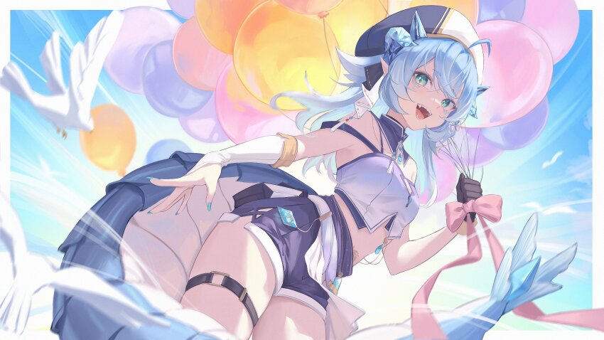 1girl, absurdres, ahoge, arm_at_side, asymmetrical_gloves, balloon, beret, bird