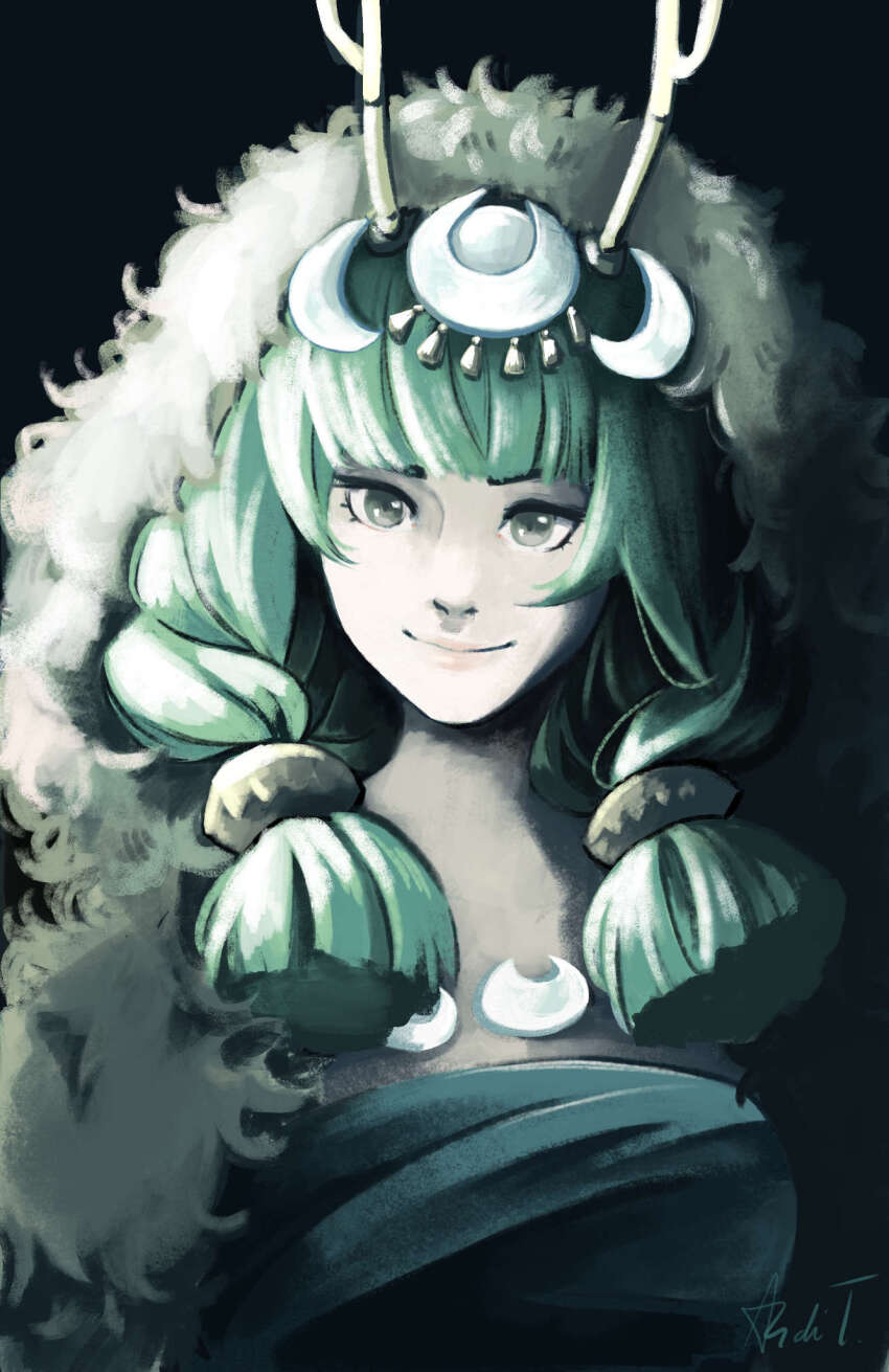 1girl, ancient_greek_clothes, anditiucs, antlers, artemis_(hades), deer_antlers, dress, greco-roman_clothes, green_eyes, green_hair, hades_(series), hades_2, highres, horns, long_hair, looking_at_viewer, quail, smile, solo