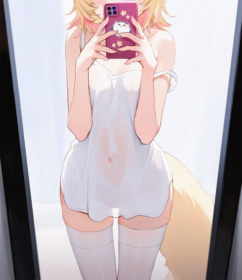 1girl, alternate_costume, blonde_hair, breasts, cellphone, commentary, covered_navel, dog_girl, dog_tail, dress, english_commentary, head_out_of_frame, highres, holding, holding_phone, hololive, hololive_english, knees_out_of_frame, koahri, mirror, mirror_selfie, mococo_abyssgard, multicolored_hair, phone, pink_hair, reflection, selfie, short_dress, short_hair, single_off_shoulder, sleeveless, sleeveless_dress, small_breasts, smartphone, solo, streaked_hair, tail, thighhighs, virtual_youtuber, white_dress, white_thighhighs