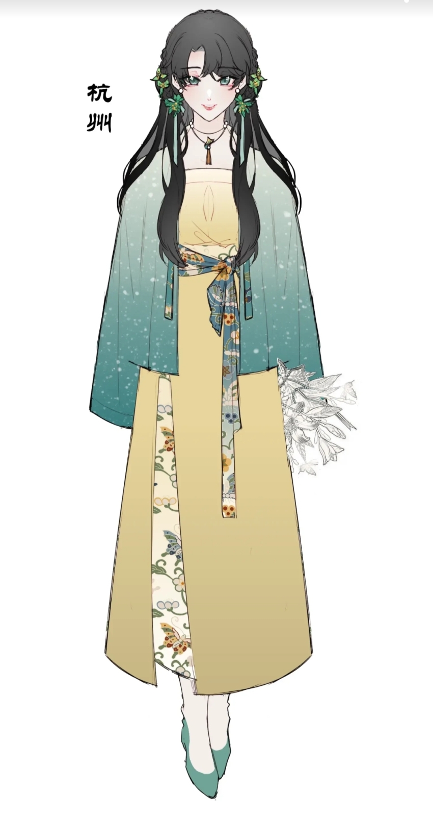 1girl, black_hair, chinese_clothes, dress, duijin_ruqun, earrings, floral_print, flower, full_body, green_footwear, hair_flower, hair_ornament, hanfu, highres, holding, holding_flower, jewelry, long_hair, long_sleeves, looking_at_viewer, necklace, qiushiri, simple_background, smile, solo, standing, white_background, yellow_dress, zoom_layer