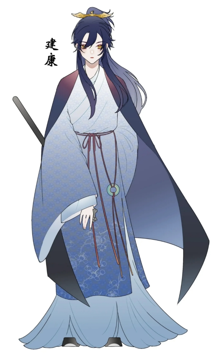1boy, blue_hair, cape, chinese_clothes, chinese_text, full_body, hair_ornament, hanfu