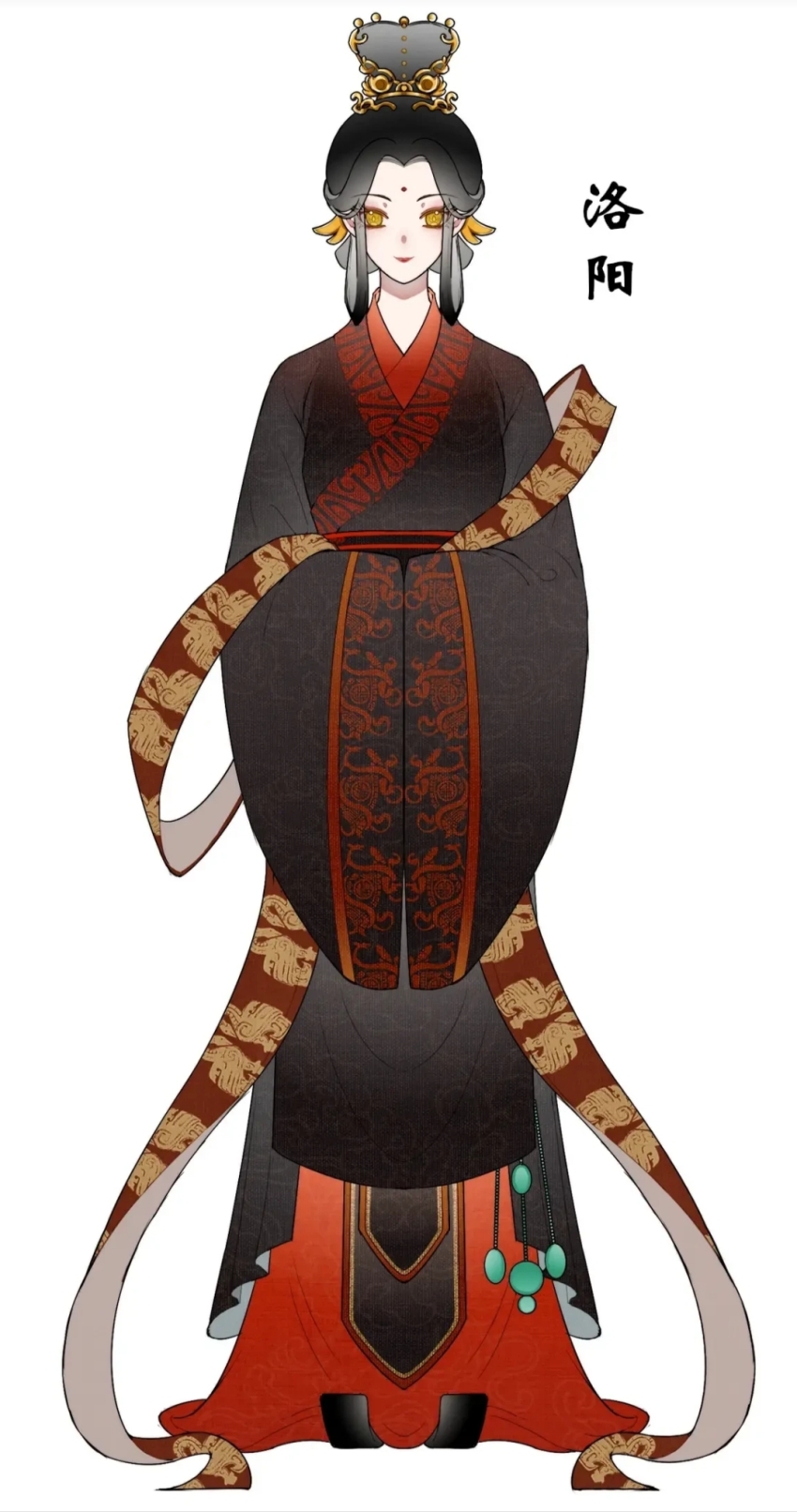 1girl, black_hair, chinese_clothes, closed_mouth, full_body, hair_ornament, hair_stick, hanfu, highres, jewelry, jiaoling_ruqun, long_sleeves, looking_at_viewer, qiushiri, red_shawl, shawl, sidelocks, simple_background, slit_pupils, solo, standing, updo, white_background, wide_sleeves, yellow_eyes, zhijupao, zoom_layer