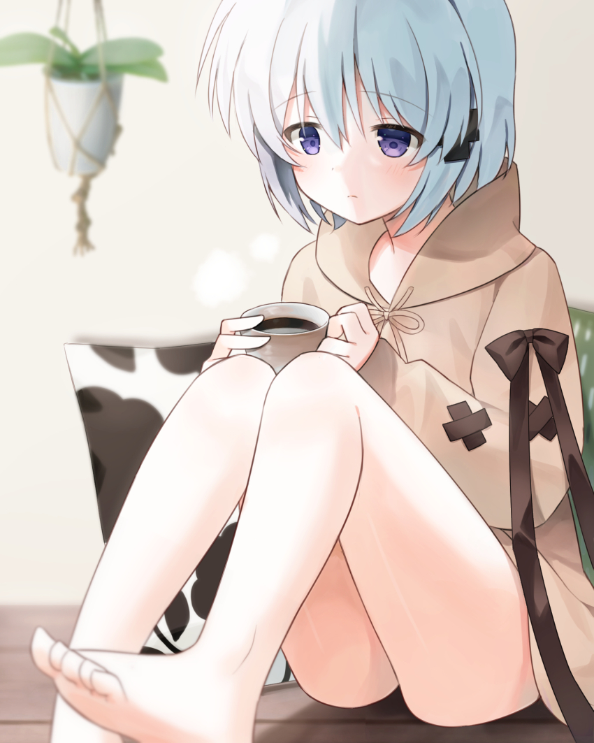 1girl, bare_legs, barefoot, black_bow, black_ribbon, blurry, blush, bow