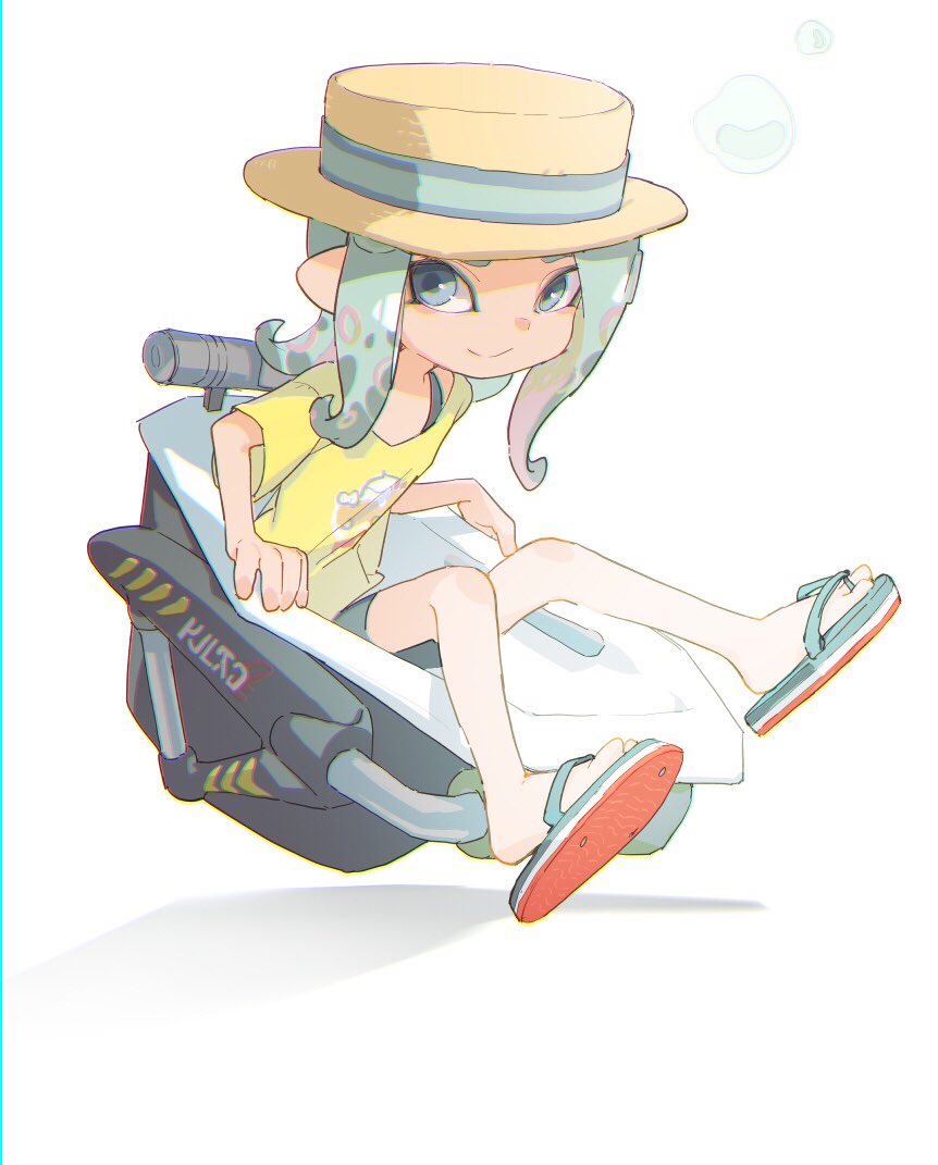 1girl, aqua_eyes, aqua_hair, bloblobber_(splatoon), boater_hat, bubble, chromatic_aberration, closed_mouth