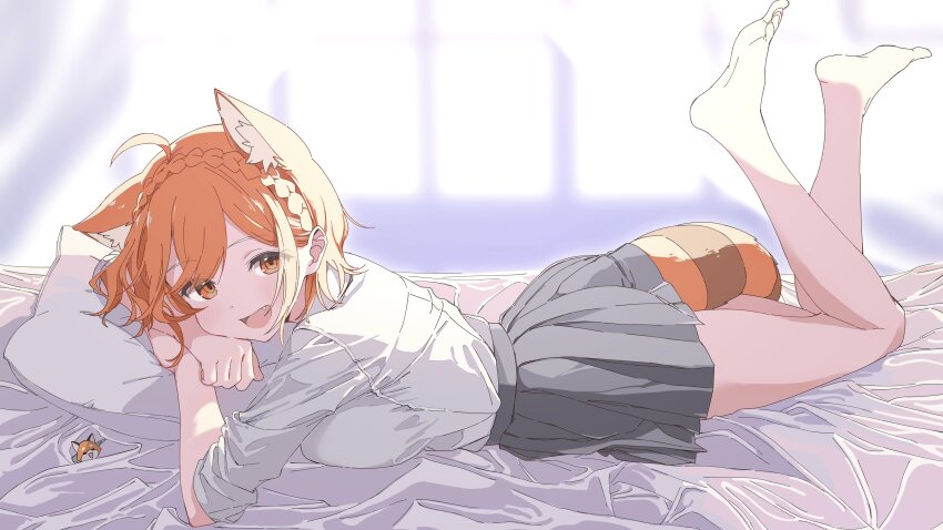 1girl, absurdres, animal_ears, barefoot, black_skirt, fang, highres, lying