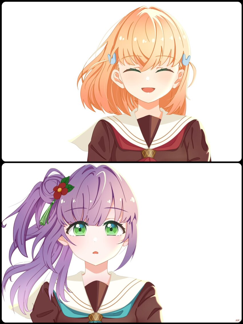 2girls, ^_^, aqua_neckerchief, brown_dress, cerise_bouquet, closed_eyes, commentary_request, crossed_bangs