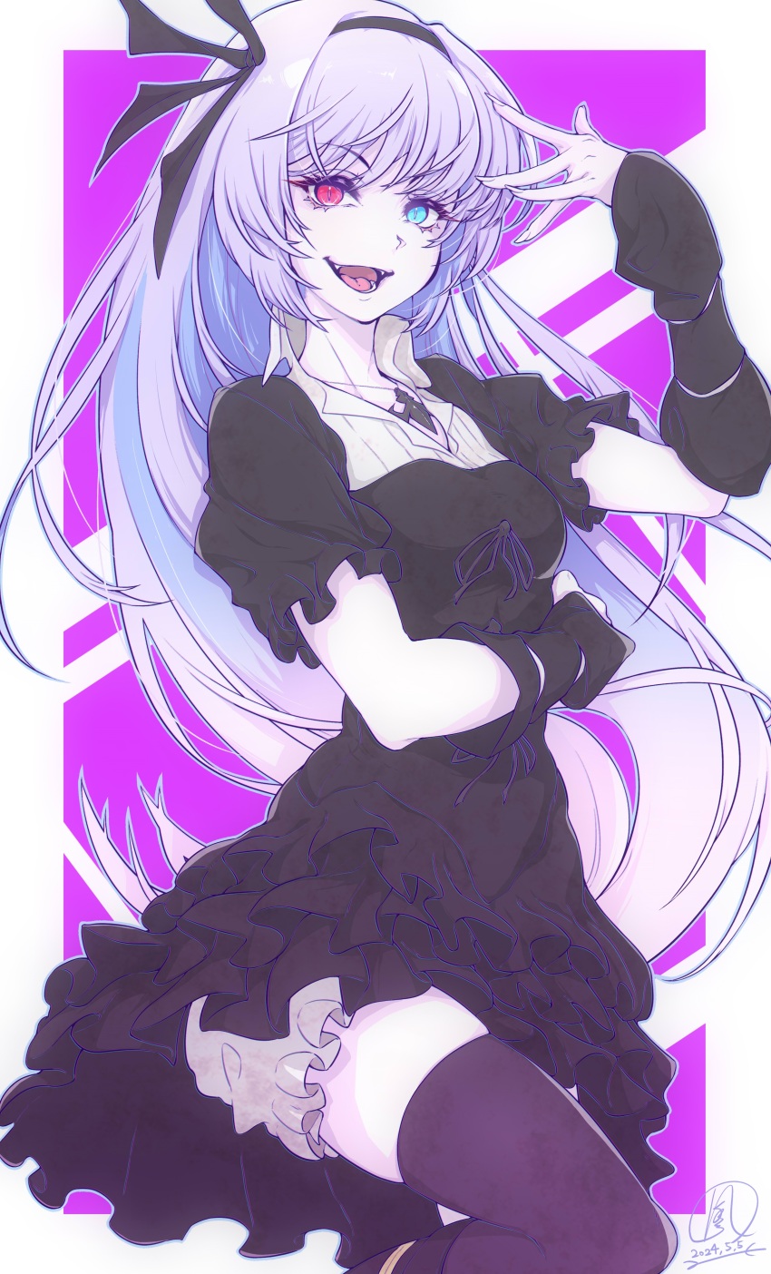 1girl, absurdres, black_bow, black_bowtie, black_dress, black_thighhighs, blue_eyes, blue_hair