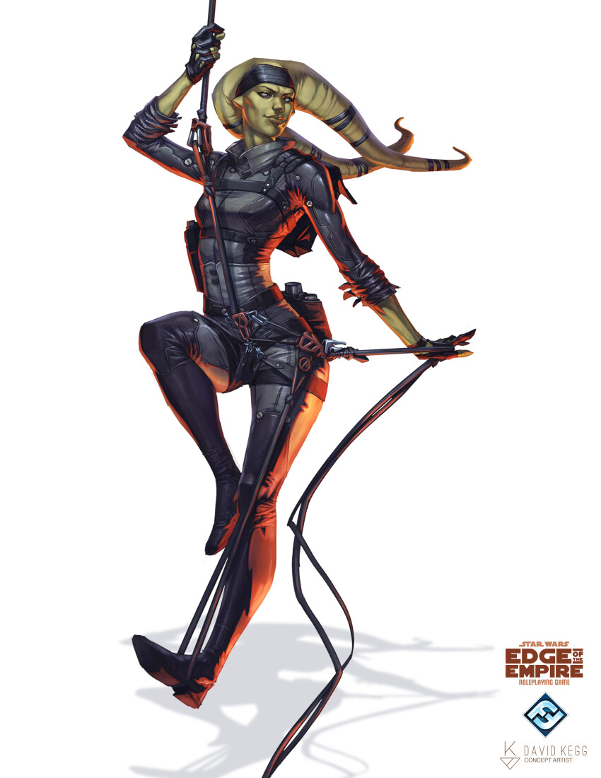 1girl, absurdres, alien, artist_name, backpack, bag, black_bodysuit, black_footwear, black_gloves, blue_eyes, bodysuit, breasts, colored_skin, copyright_name, davidkegg, gloves, green_skin, highres, lekku_(anatomy), logo, looking_to_the_side, rope, simple_background, small_breasts, solo, star_wars, star_wars:_edge_of_the_empire, twi'lek, white_background