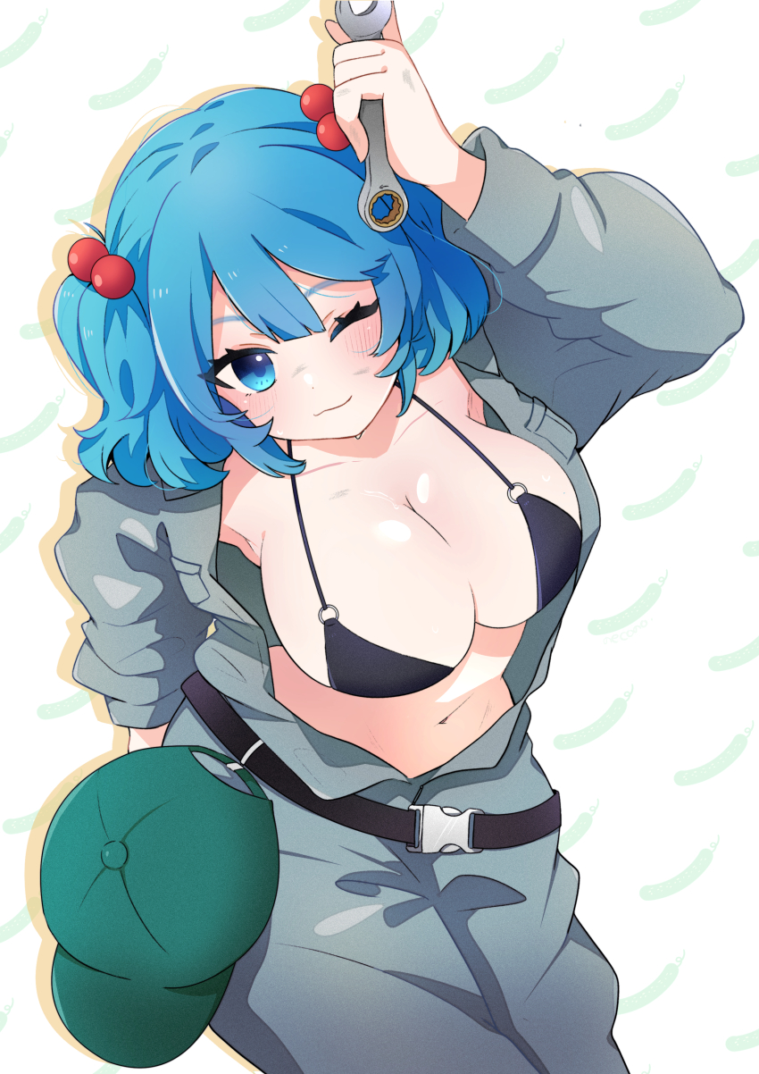 1girl, absurdres, baseball_cap, belt, black_belt, black_bra, blue_hair, bra