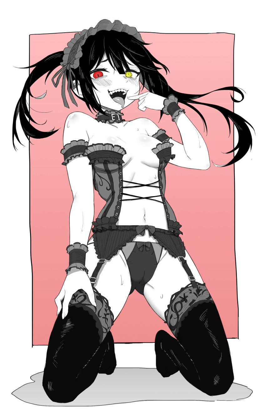 1girl, absurdres, akita_kang, bare_shoulders, black_hair, blush, breasts, clock_eyes