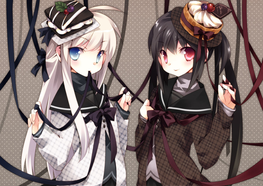 2girls, black_hair, blue_eyes, bow, cake-shaped_hat, ech, hair_bow, hair_ornament
