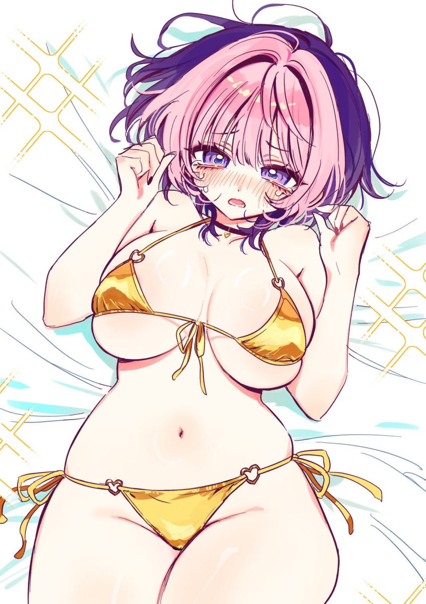 1girl, ahoge, akiyama_enma, bare_shoulders, bikini, blush, breasts, cleavage, collarbone, gold_bikini, hair_intakes, halterneck, highres, large_breasts, lying, multicolored_hair, navel, noa-senpai_wa_tomodachi., on_back, open_mouth, pink_eyes, pink_hair, purple_eyes, saotome_noa, satin_bikini, shiny_swimsuit, short_hair, solo, stomach, string_bikini, swimsuit, thighs, two-tone_hair, yellow_bikini