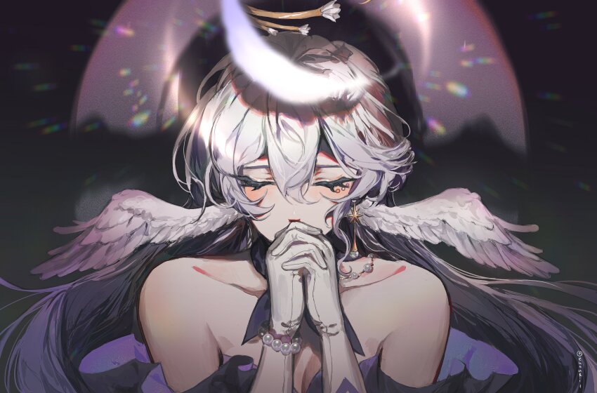 1girl, bare_shoulders, bead_bracelet, beads, bracelet, closed_eyes, detached_sleeves, earrings