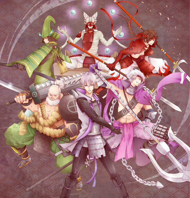 5boys, armor, bandages, beard, brown_hair, chain, chosokabe_motochika_(sengoku_basara), chousokabe_motochika_(sengoku_basara)