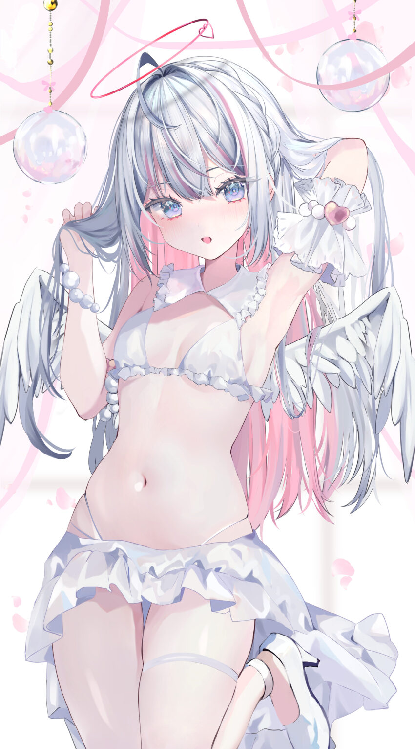 1girl, absurdres, arm_up, bikini, blush, breasts, commentary, feathered_wings
