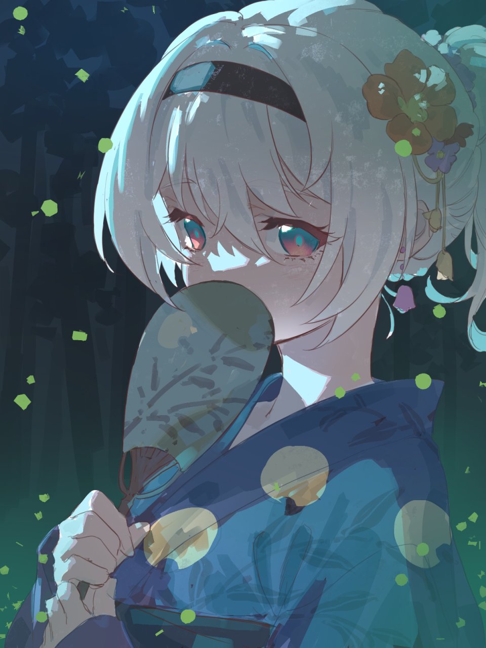 1girl, alternate_costume, alternate_hairstyle, amenoki, blue_kimono, blue_pupils, covering_own_mouth, earrings
