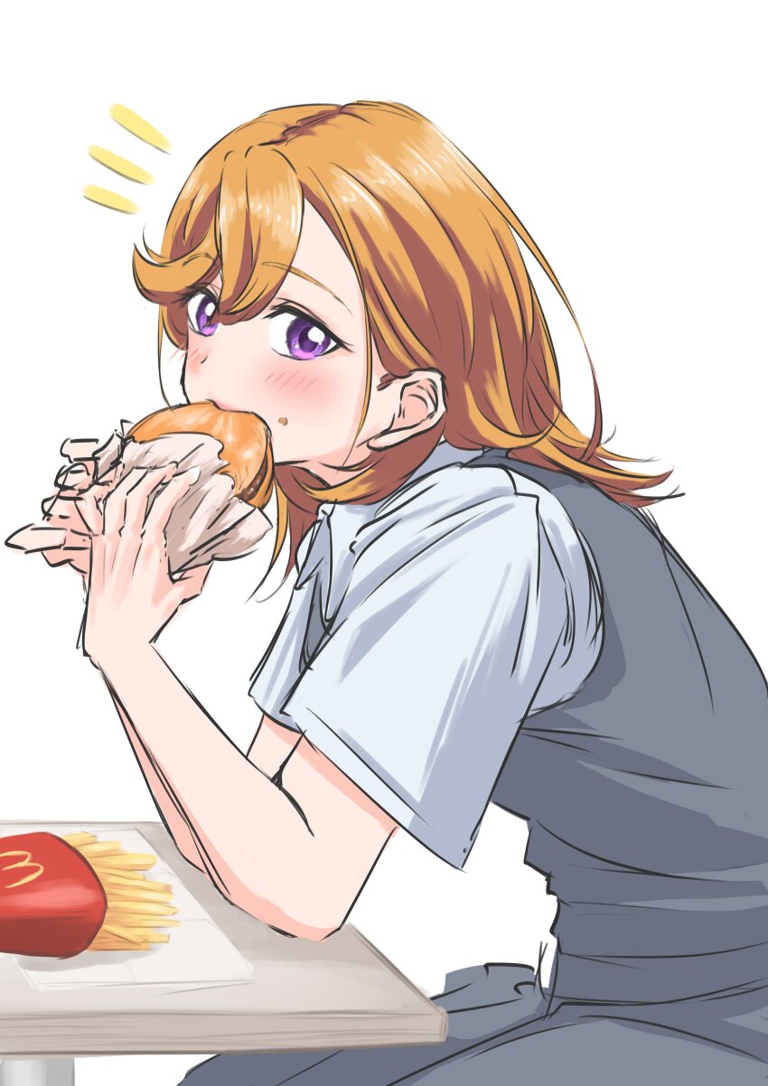 1girl, absurdres, arms_on_table, blush, burger, collared_shirt, commentary, dress