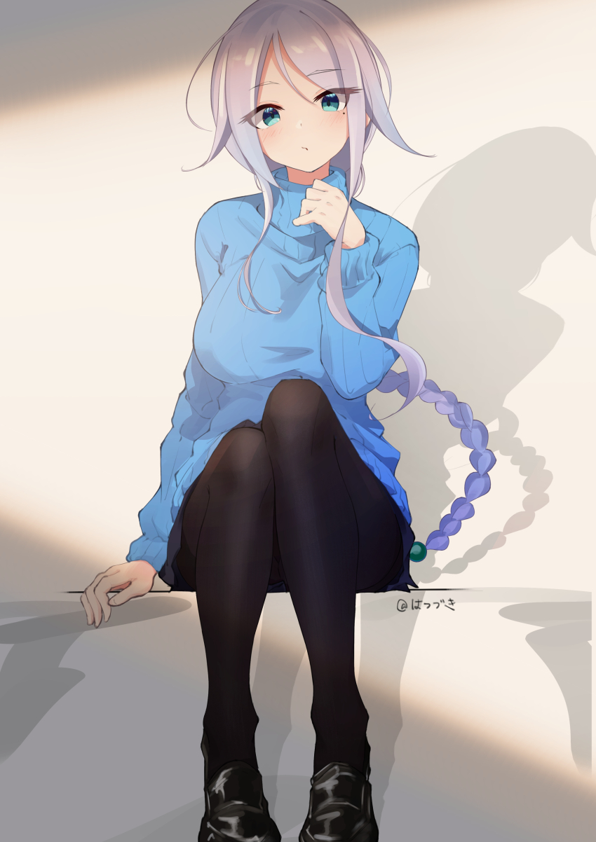 1girl, absurdres, aqua_eyes, black_footwear, black_pantyhose, black_skirt, blue_sweater, braid