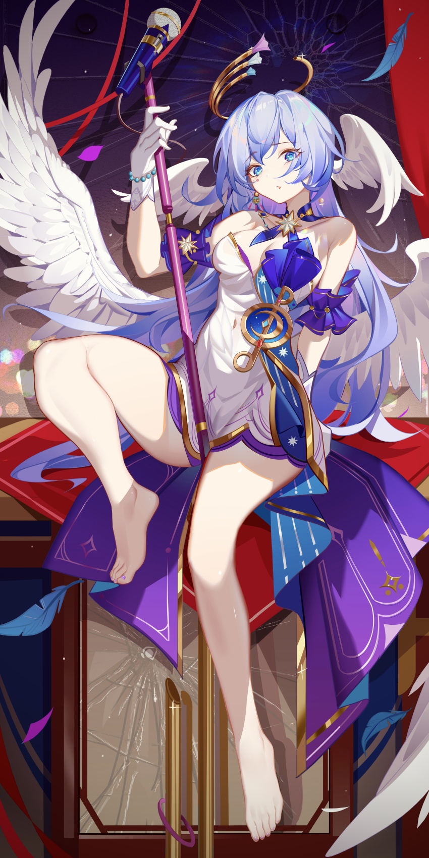 1girl, absurdres, bare_legs, bare_shoulders, barefoot, bead_bracelet, beads, blue_choker, blue_eyes, blue_hair, bracelet, breasts, choker, cleavage, commentary, detached_sleeves, dress, facial_mark, feet, gloves, halo, head_wings, highres, holding, honkai:_star_rail, honkai_(series), idol, jewel_under_eye, jewelry, legs, long_hair, looking_at_viewer, luai, microphone, microphone_stand, musical_note_ornament, parted_lips, purple_dress, purple_sleeves, robin_(honkai:_star_rail), sitting, small_breasts, solo, strapless, strapless_dress, thighs, toes, two-tone_dress, very_long_hair, white_dress, white_gloves, white_wings, wings