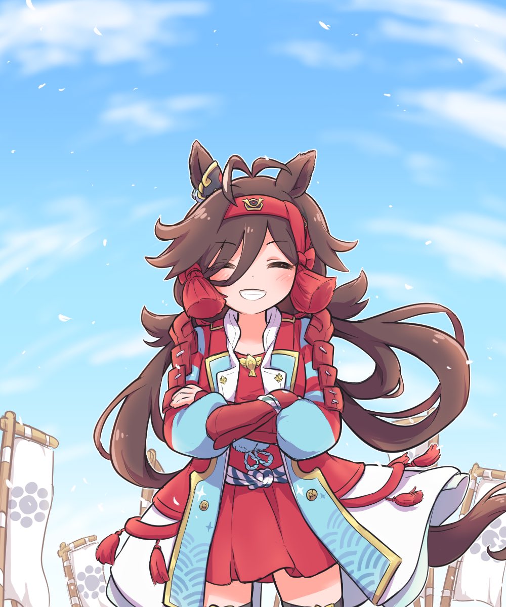 1girl, animal_ears, antenna_hair, armor, banner, blush, closed_eyes, closed_mouth, cloud, commentary_request, crossed_arms, hair_between_eyes, hair_ornament, headband, highres, horse_ears, horse_girl, horse_tail, jacket, japanese_armor, long_hair, low_twintails, minmin_(kemomofuri), no_reason_(umamusume), sky, solo, tail, thighhighs, twintails, umamusume, uniform