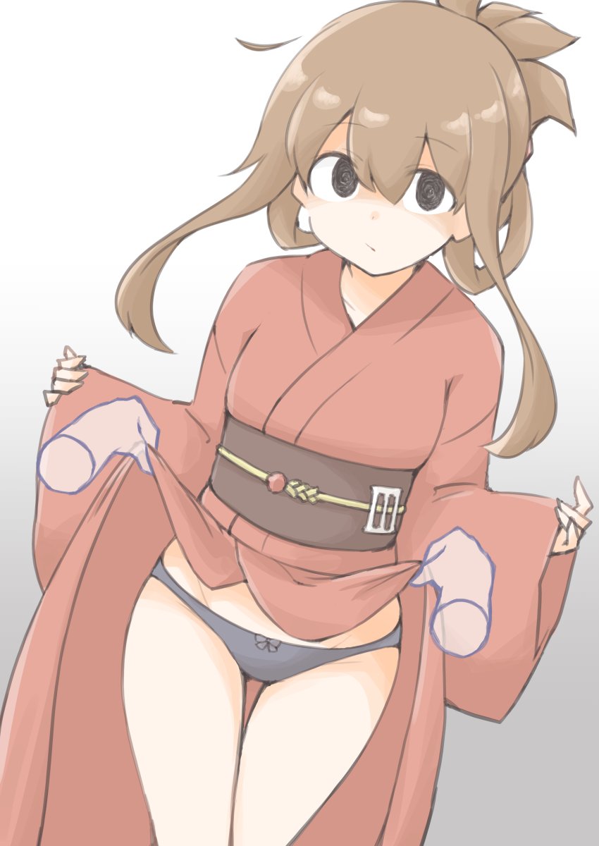 1girl, 1other, akara_kai, alternate_costume, badge, black_panties, brown_eyes, brown_hair, closed_mouth, clothes_lift, disembodied_hand, feet_out_of_frame, folded_ponytail, highres, inazuma_(kancolle), inazuma_(yukata)_(kancolle), japanese_clothes, kantai_collection, kimono, kimono_lift, long_hair, obi, official_alternate_costume, panties, red_kimono, sash, thigh_gap, underwear, yukata