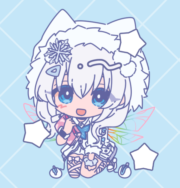 1girl, :d, blue_eyes, blush, chibi, chiji_komari, fairy_wings, fur-trimmed_jacket