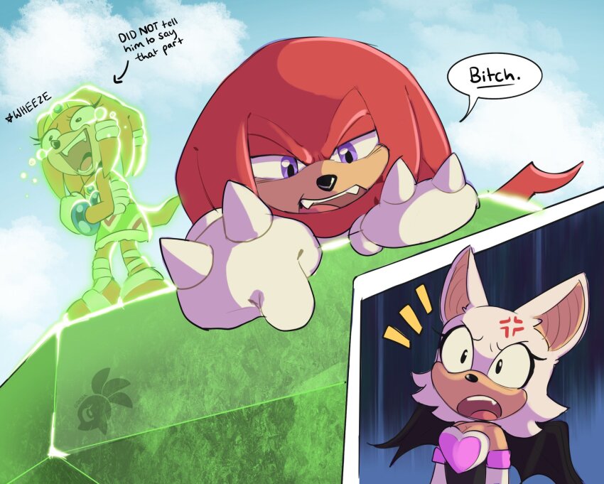 1boy, 2girls, anger_vein, animal_ears, artist_logo, bat_ears, bat_wings, blue_sky