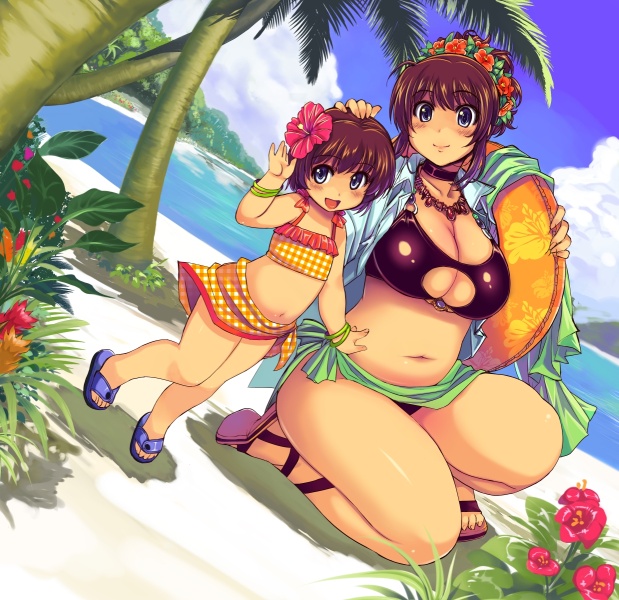 2girls, age_difference, beach, belly, bikini, blue_eyes, bracelet, breasts, brown_hair, child, cleavage, cleavage_cutout, clothing_cutout, curvy, day, dutch_angle, female_focus, flat_chest, flip-flops, flower, hair_flower, hair_ornament, hibiscus, innertube, jacket, jewelry, large_breasts, midriff, mil_(xration), mother_and_child, mother_and_daughter, multiple_girls, navel, outdoors, parent_and_child, plaid_clothes, plaid_sarong, plump, sandals, sarong, smile, swim_ring, swimsuit, tropical, water