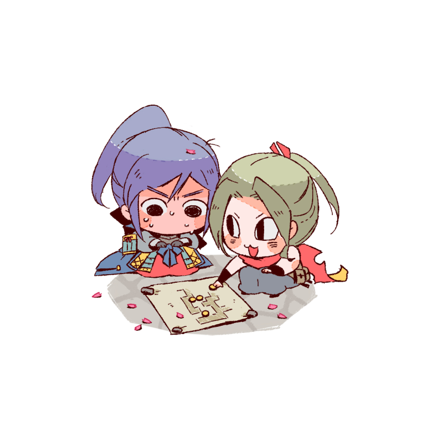 2girls, armor, black_eyes, blue_hair, borrowed_character, character_request, chibi, chibi_only