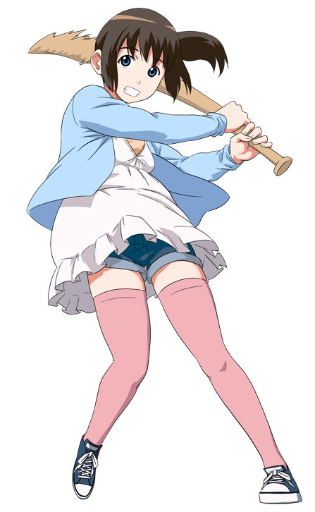 1girl, baseball_bat, black_eyes, black_hair, female_focus, kamiya_ron, shorts, solo