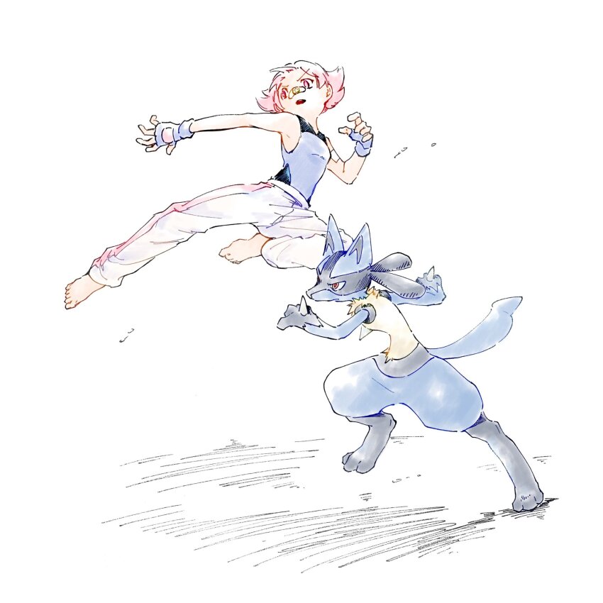 1girl, armpits, bandage_on_face, bandages, blue_gloves, blue_shirt, commentary, fingerless_gloves