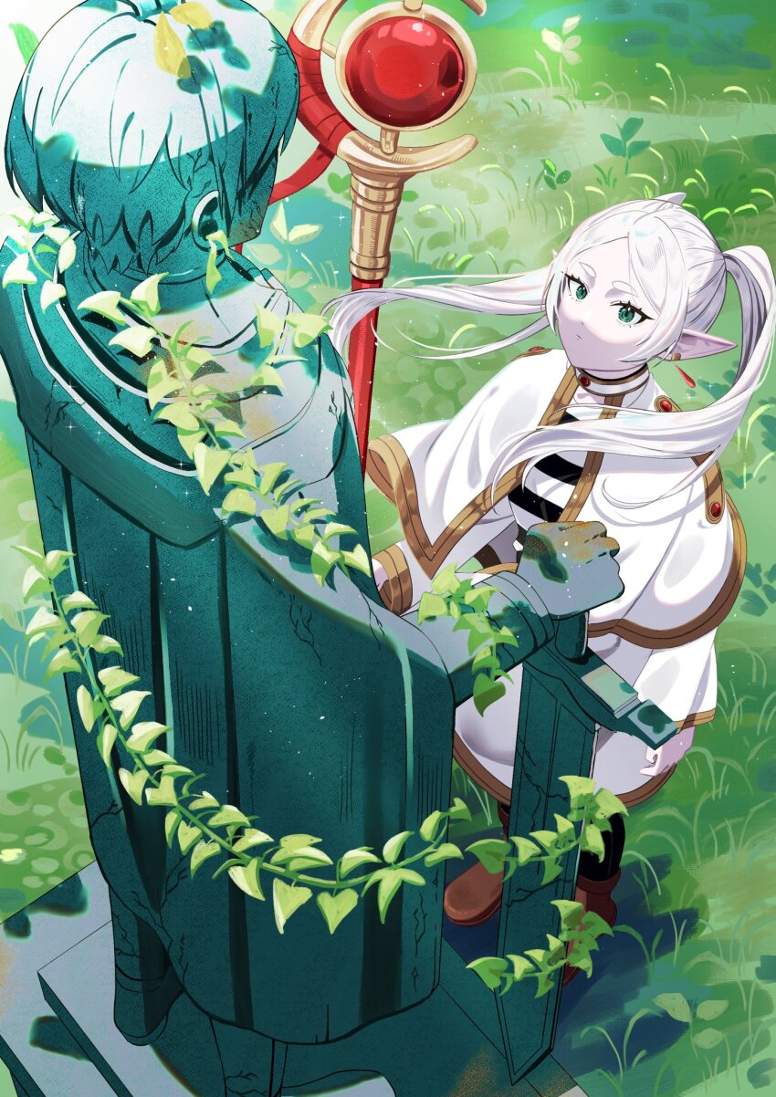 1girl, capelet, closed_mouth, commentary_request, dress, earrings, elf, expressionless, eyelashes, floating_earrings, frieren, from_above, grass, green_eyes, highres, himmel_(sousou_no_frieren), holding, holding_staff, jewelry, light_particles, long_hair, long_sleeves, mage_staff, nostresstuna, outdoors, pale_skin, parted_bangs, plant, pointy_ears, solo, sousou_no_frieren, staff, standing, statue, twintails, vines, white_capelet, white_hair
