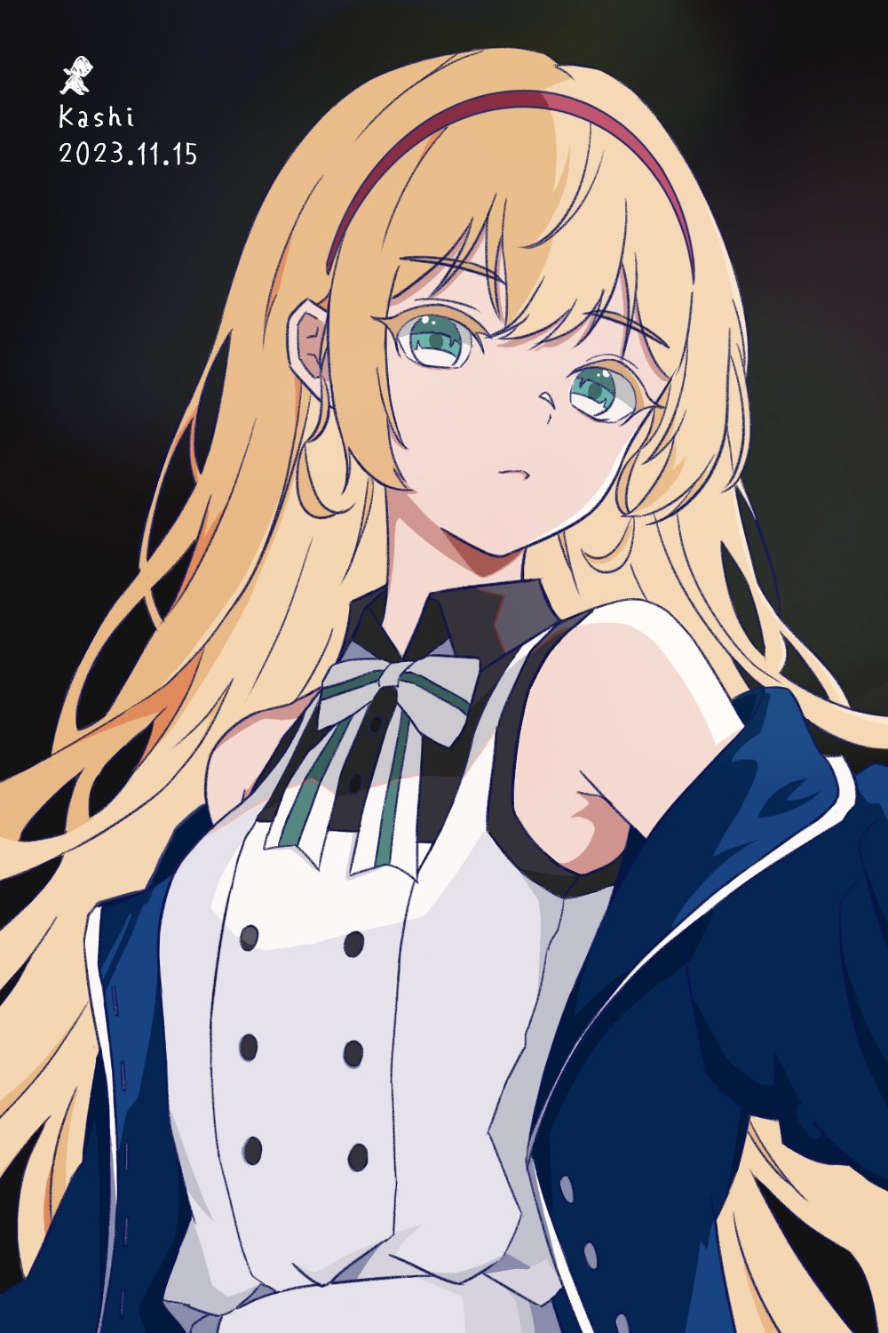 1girl, blonde_hair, blue_jacket, bow, bowtie, collared_shirt, commentary, dated, fly_iadiial, go!!_restart, green_eyes, hairband, heanna_sumire, highres, jacket, long_hair, looking_at_viewer, love_live!, love_live!_superstar!!, off_shoulder, red_hairband, shirt, sidelocks, sleeveless, sleeveless_shirt, solo, standing, upper_body, white_bow, white_bowtie