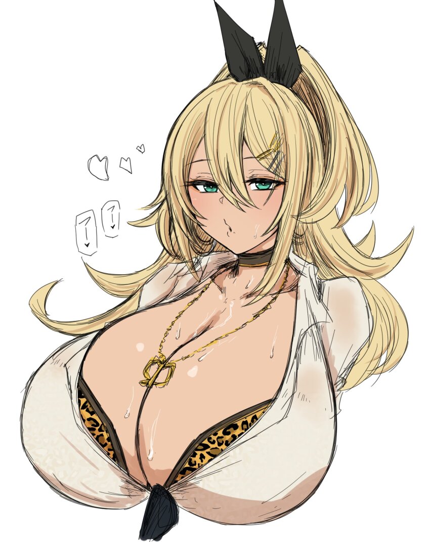 1girl, animal_print, black_choker, blonde_hair, bra, bra_peek, breasts, choker