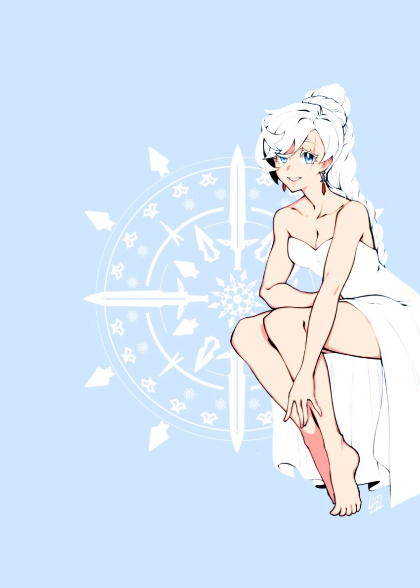 1girl, bare_legs, bare_shoulders, barefoot, blue_background, blue_eyes, braid, braided_ponytail