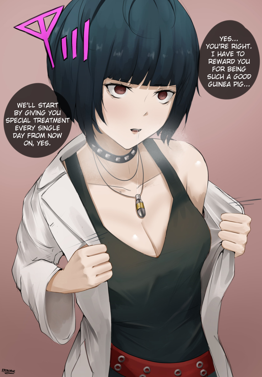 1girl, absurdres, belt, black_dress, black_hair, blunt_bangs, bob_cut, breasts, breath, brown_eyes, cleavage, clothes_pull, coat, dress, drooling, empty_eyes, english_text, eroborne, highres, hypnosis, jewelry, lab_coat, medium_breasts, mind_control, open_clothes, open_coat, open_mouth, pendant, persona, persona_5, pulling_own_clothes, red_belt, saliva, short_hair, signal_bar, solo, speech_bubble, studded_choker, takemi_tae