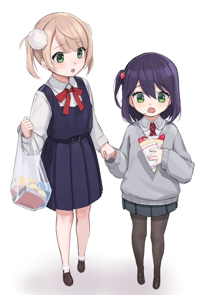 2girls, absurdres, aged_down, bag, belt, belt_buckle, blonde_hair, blue_belt, blue_dress, blunt_ends, blush, brown_footwear, brown_pantyhose, buckle, collared_shirt, cream, cream_on_face, crepe, double-parted_bangs, dress, eyelashes, fanged_bangs, food, food-themed_hair_ornament, food_on_face, fruit, green_eyes, grey_skirt, grey_sweater, hair_between_eyes, hair_ornament, highres, holding, holding_bag, holding_crepe, holding_food, holding_hands, indie_virtual_youtuber, kenmochi_touko, kenmochi_touya, kuro_(zhurunbo1997), loafers, long_bangs, long_sleeves, looking_at_another, looking_down, medium_dress, medium_hair, multiple_girls, neck_ribbon, necktie, nijisanji, one_side_up, open_mouth, pantyhose, pigeon-toed, pinafore_dress, plaid_clothes, plaid_necktie, plastic_bag, pleated_dress, pleated_skirt, pom_pom_(clothes), pom_pom_hair_ornament, purple_hair, red_necktie, red_ribbon, ribbon, shadow, shigure_ui_(vtuber), shigure_ui_(young)_(vtuber), shirt, shoes, shopping_bag, short_hair, skirt, sleeveless, sleeveless_dress, sleeves_past_wrists, socks, strawberry, strawberry_hair_ornament, sweater, swept_bangs, transparent_bag, twintails, virtual_youtuber, walking, whipped_cream, white_background, white_shirt, white_socks