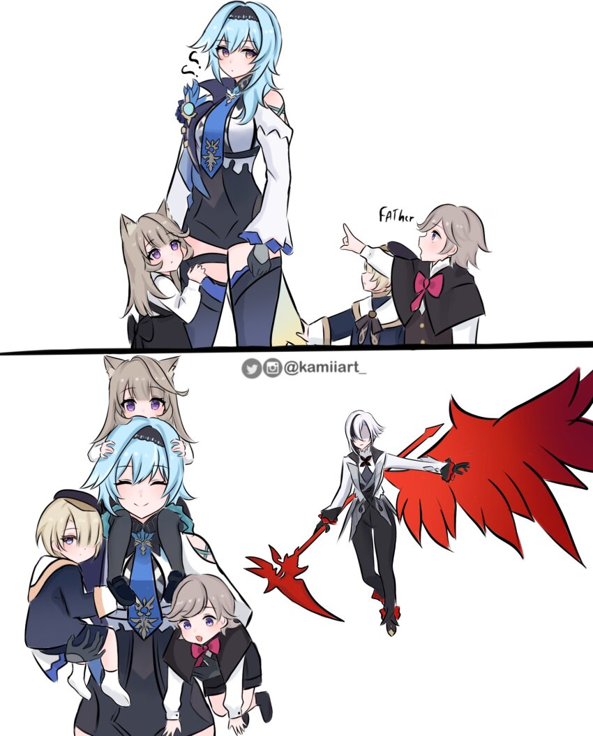 2boys, 3girls, ?, aged_down, animal_ears, arlecchino_(genshin_impact), artist_name, black_hairband, black_hands, black_leotard, black_pants, blonde_hair, blue_eyes, blue_hair, bow, brother_and_sister, cape, carrying, carrying_person, cat_ears, cat_girl, cat_tail, chasing, colored_extremities, crimson_moon's_semblance_(genshin_impact), detached_sleeves, english_text, eula_(genshin_impact), flying, freminet_(genshin_impact), genshin_impact, gloves, grey_gloves, grey_hair, hairband, high_heels, highres, holding, holding_scythe, holding_weapon, instagram_logo, instagram_username, jacket, kamiiart, leotard, lynette_(genshin_impact), lyney_(genshin_impact), multicolored_hair, multiple_boys, multiple_girls, open_clothes, open_jacket, pants, pink_bow, pointing, purple_eyes, scythe, siblings, side_cape, single_wing, tail, thighhighs, thighs, twins, twitter_logo, twitter_username, weapon, white_hair, white_jacket, wings, yellow_eyes