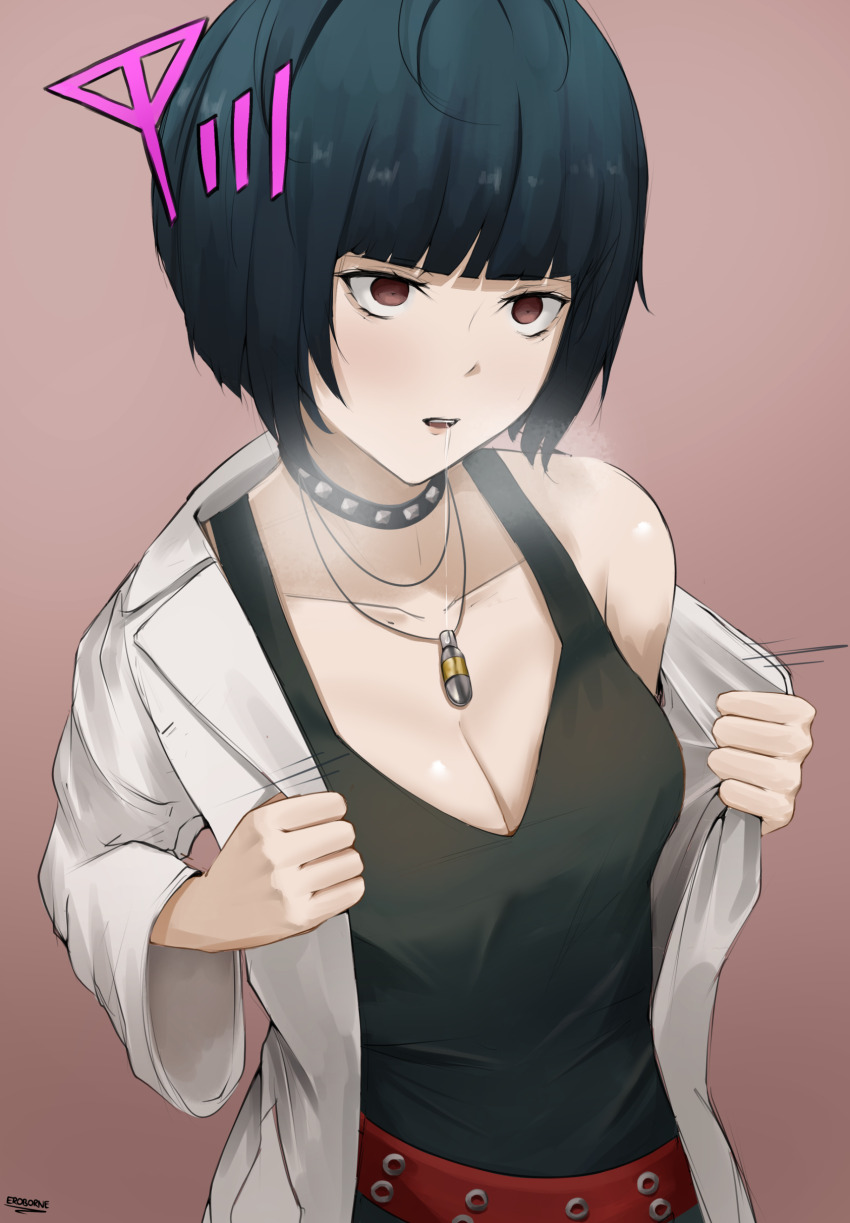 1girl, absurdres, belt, black_dress, black_hair, blunt_bangs, bob_cut, breasts