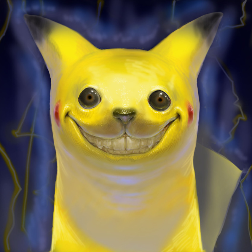 creepy, empty_eyes, gen_1_pokemon, grin, highres, horror_(theme), nintendo, no_humans, pikachu, pokemon, pokemon_(creature), realistic, smile, snout, sparks, staring, teeth, teru_sakura, wide-eyed