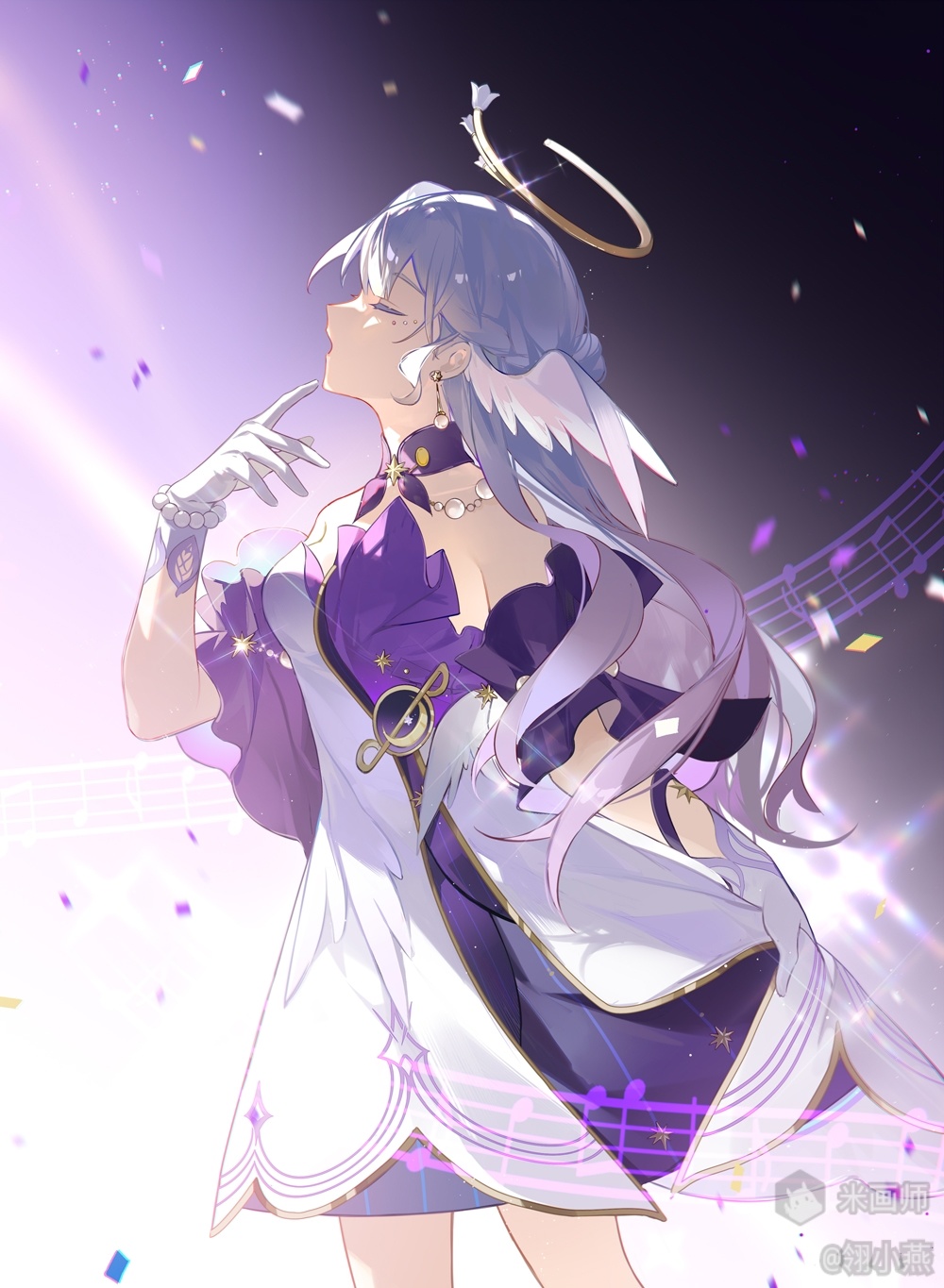 1girl, arm_behind_back, bad_source, bare_shoulders, bead_bracelet, beads, bracelet, closed_eyes, detached_sleeves, dress, earrings, face_jewel, floating_hair, from_side, gloves, hand_up, head_wings, highres, honkai:_star_rail, honkai_(series), jewelry, ling_yu_xiaoyan, musical_note, open_mouth, purple_dress, purple_hair, robin_(honkai:_star_rail), short_sleeves, solo, two-tone_dress, white_dress, white_gloves, white_wings, wings