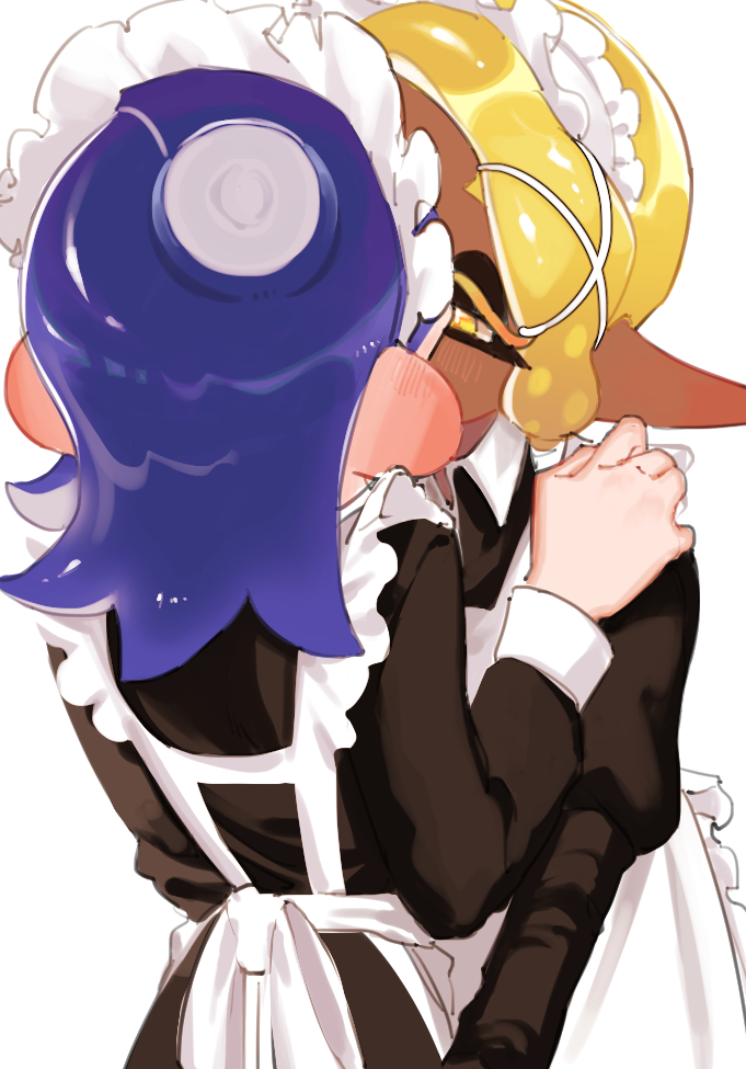 2girls, apron, black_dress, blonde_hair, blue_hair, blush, colored_eyelashes, cowboy_shot, dark-skinned_female, dark_skin, dress, ear_blush, frilled_apron, frills, from_behind, frye_(splatoon), hair_ornament, hair_tie, half-closed_eyes, hand_on_another's_shoulder, inkling, isixkm5rknilodd, juliet_sleeves, kiss, long_hair, long_pointy_ears, long_sleeves, maid, maid_apron, maid_headdress, mainichi_yamucha, multiple_girls, nintendo, octoling, pointy_ears, puffy_sleeves, shiver_(splatoon), splatoon_(series), splatoon_3, star-shaped_pupils, star_(symbol), suction_cups, symbol-shaped_pupils, tentacle_hair, white_apron, white_background, x_hair_ornament, yellow_eyes, yuri