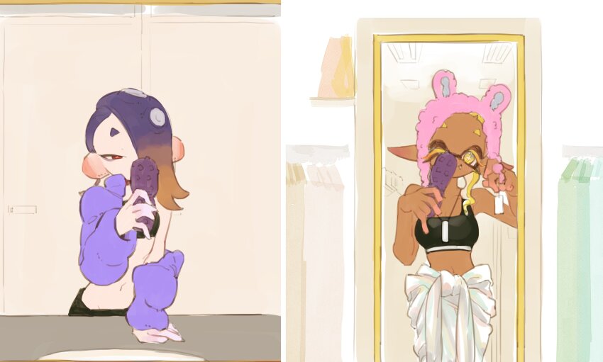 2girls, animal_hat, black_bra, black_pants, black_tube_top, blonde_hair, bra, bright_pupils