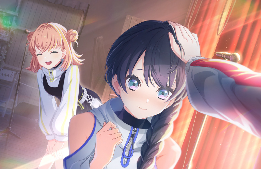 3girls, ^_^, backstage, bare_shoulders, bent_over, black_shirt, blue_eyes, blue_hair, braid, closed_eyes, closed_mouth, clothing_cutout, crossed_bangs, dark_blue_hair, deepness_(love_live!), double_bun, dutch_angle, female_pov, game_cg, hair_bun, headpat, high_collar, highres, hinoshita_kaho, jacket, light_particles, link!_like!_love_live!, long_hair, long_sleeves, looking_at_viewer, love_live!, medium_hair, multiple_girls, murano_sayaka, official_art, open_mouth, orange_hair, pov, pov_hands, puffy_long_sleeves, puffy_sleeves, shirt, shoulder_cutout, side_braid, single_braid, smile, solo_focus, striped_sleeves, teeth, third-party_source, upper_teeth_only, virtual_youtuber, white_jacket, yugiri_tsuzuri, zipper_pull_tab
