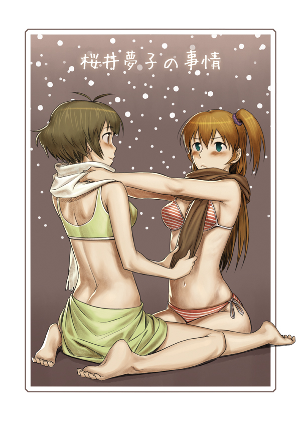 00s, 2girls, ahoge, akizuki_ryo, antenna_hair, barefoot, bikini, blush