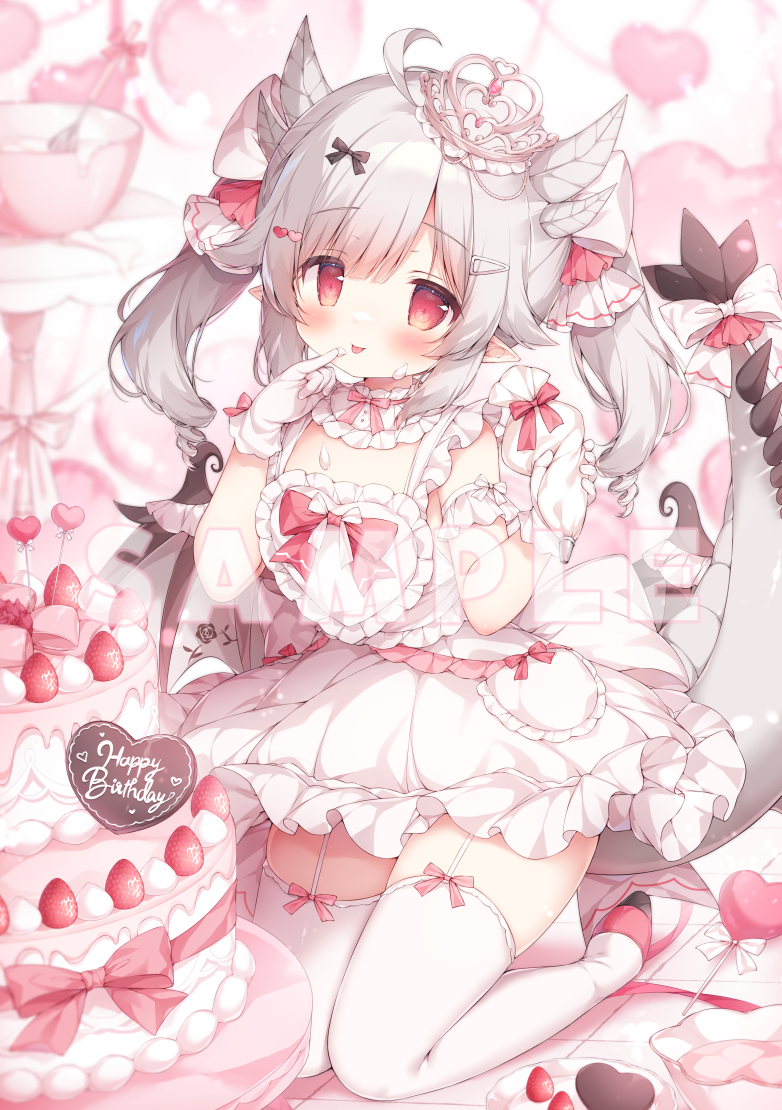 1girl, balloon, blush, cake, chocolate, dragon_girl, dragon_tail, dress