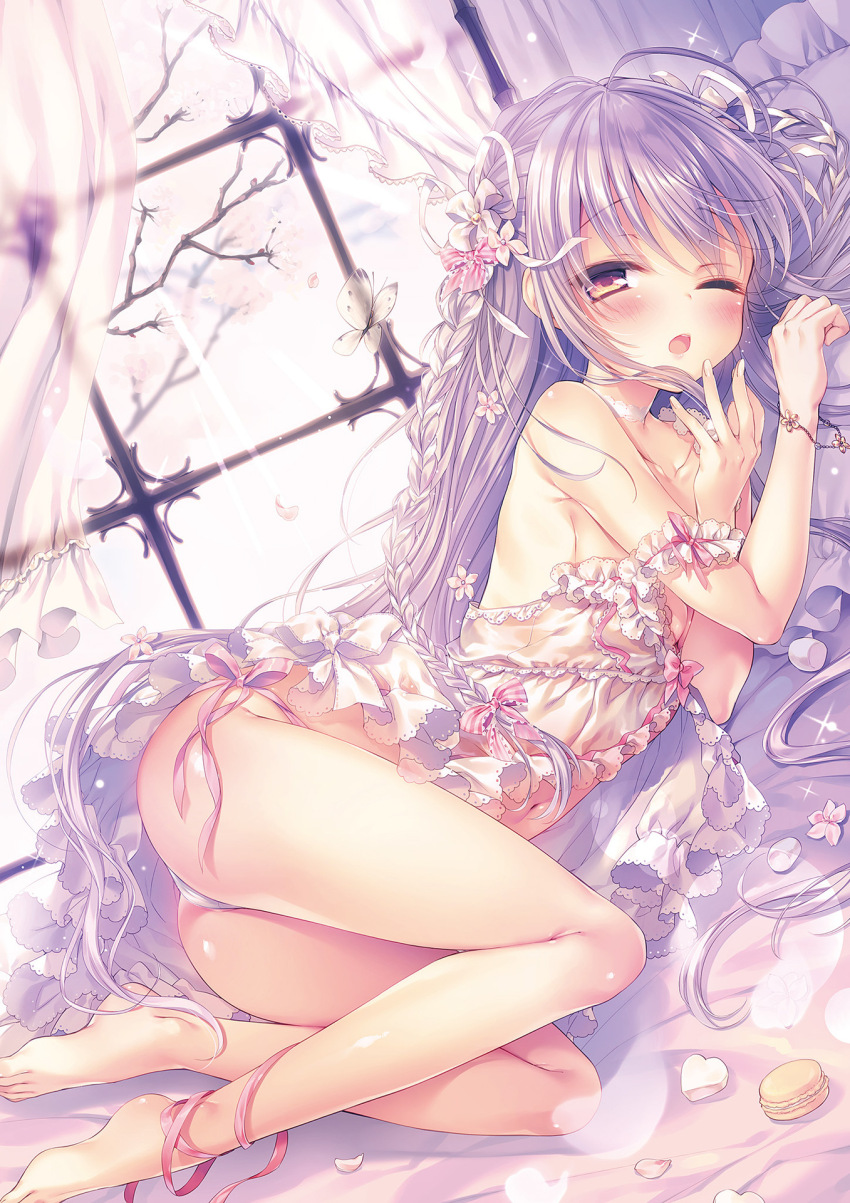 1girl, ahoge, ass, babydoll, barefoot, bracelet, braid, branch, breasts, bug, butterfly, cherry_tree, choker, curtains, feet, flower, food, frilled_babydoll, frilled_pillow, frills, hair_flower, hair_ornament, hand_to_own_mouth, hand_up, highres, insect, jewelry, lace, lace_choker, long_hair, looking_at_viewer, lying, macaron, marshmallow, on_bed, on_side, one_eye_closed, open_mouth, original, panties, pillow, pink_eyes, purple_hair, ribbon, rubi-sama, side_braids, sleepy, small_breasts, solo, sparkle, string_around_ankle, string_panties, thighs, underwear, very_long_hair, waking_up, white_babydoll, white_butterfly, white_choker, white_panties, white_ribbon, window, yawning