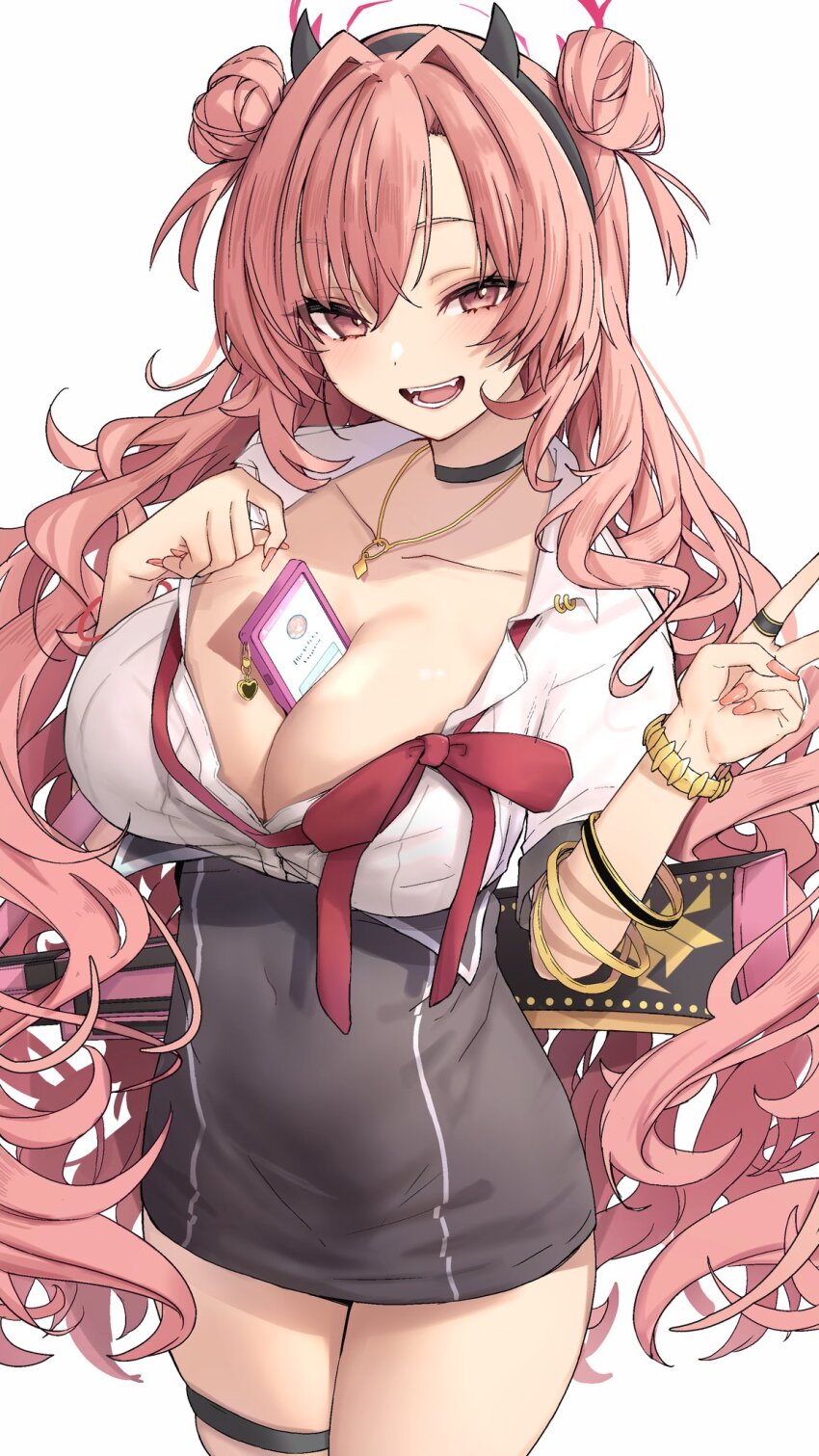 1girl, :d, between_breasts, black_choker, black_horns, black_skirt, blue_archive, blush, bow, bowtie, bracelet, breasts, cellphone, choker, cleavage, commentary_request, cowboy_shot, cure_slum, demon_horns, double_bun, fake_horns, fang, fingernails, gyaru, hair_bun, hairband, halo, highres, horn_hairband, horns, jewelry, kirara_(blue_archive), large_breasts, long_fingernails, long_hair, long_sleeves, looking_at_viewer, loose_bowtie, necklace, open_mouth, phone, phone_between_breasts, pink_hair, pink_halo, shirt, simple_background, skirt, smartphone, smile, solo, standing, thigh_strap, very_long_hair
